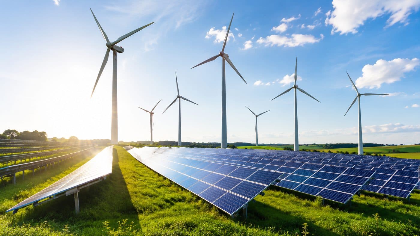 Solarmodule und Windräder auf einer grünen Wiese im Sonnenlicht